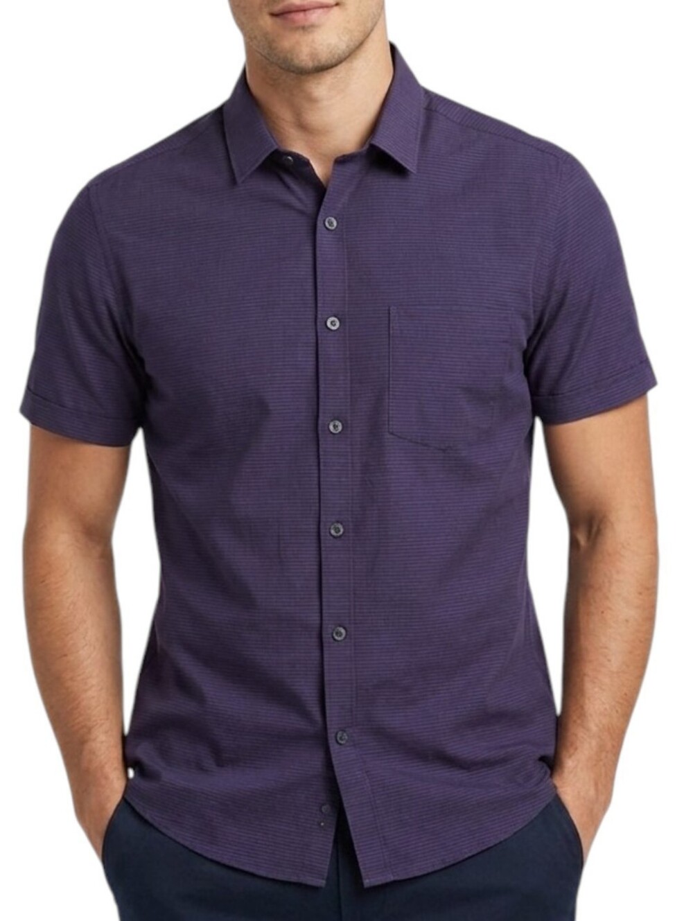 Marc Anthony Mens Navy Coral Stripe Short Sleeve Button Up Shirt Slim Fit Large